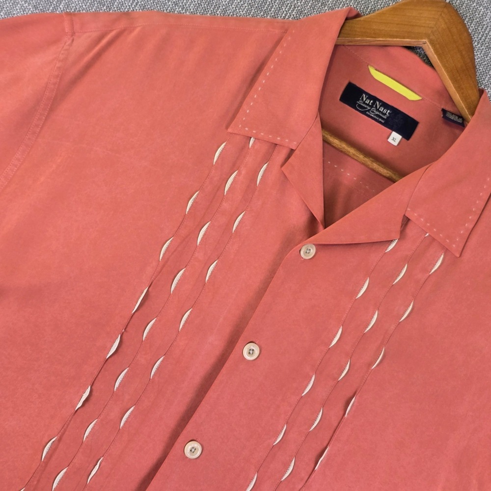 Nat Nast Luxury Originals Shirt Mens XL Jalapeno Orange 100% Silk Embroidered